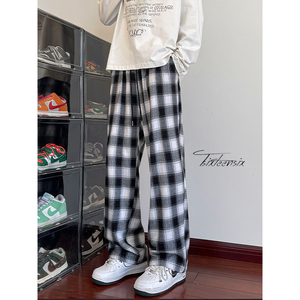 美式复古格纹裤子男秋季阔腿裤直筒垂感长裤A166-KZ82-P55控78图片