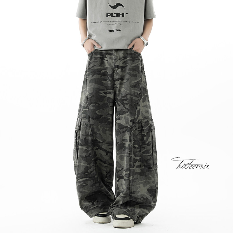 春季美式迷彩弯刀牛仔裤男宽松阔腿工装裤A166-NA5814-特P70控118，男装牛仔裤，电商A166