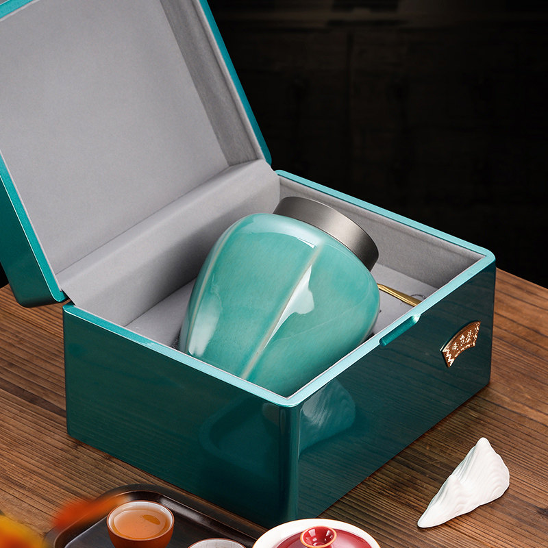 义统新款绿茶包装满庭芳陶瓷罐密封罐翻盖时尚茶叶包装礼盒现货