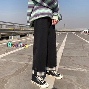 宽松显瘦学生休闲裤 阔腿裤 女秋冬加绒加厚小个子显高翻边格子卫裤