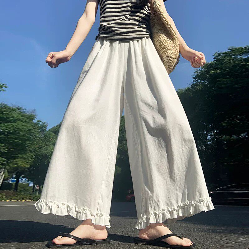 木耳花边麻料阔腿裤女夏季高腰直筒休闲大码学生空气感微喇叭裤子