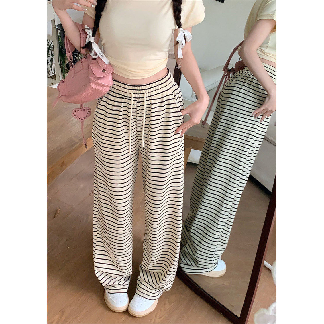 黑白条纹休闲裤女夏季薄款直筒长裤慵懒学生小个子宽松阔腿遛弯裤