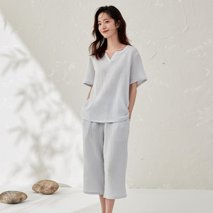 顶瓜瓜夏薄款 家居服 睡衣男女情侣双层棉纱柔软透气V领短袖 七分裤