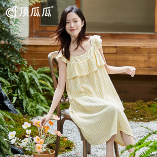 顶瓜瓜休闲短袖 格纹方领家居中裙 睡裙女夏薄款 甜美小清新青年无袖