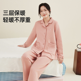 情侣加厚家居服 顶呱呱睡衣女秋冬空气层夹棉加厚纯棉翻领休闲男士