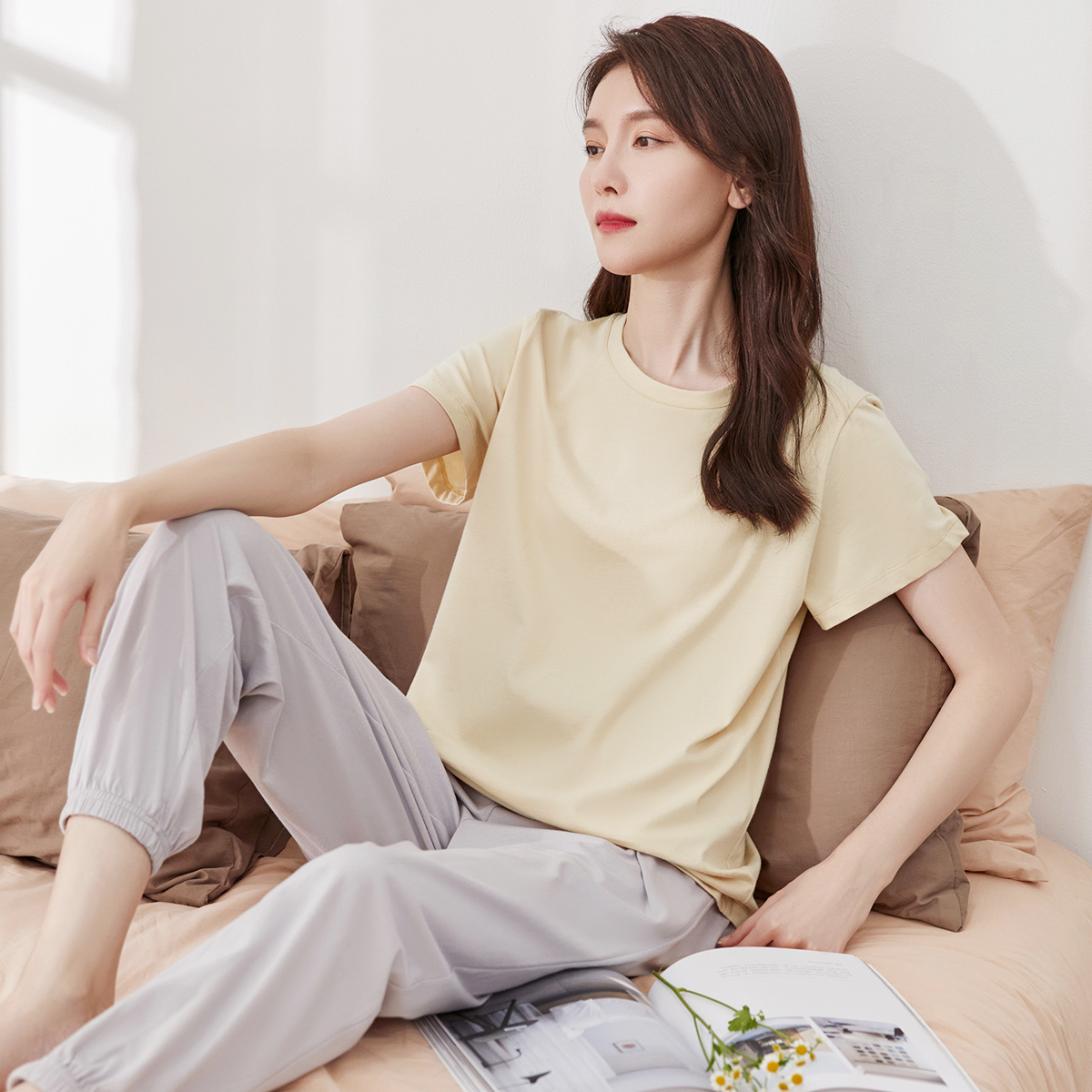 顶瓜瓜睡衣女夏季纯棉短袖长裤束脚口薄款休闲可外穿顶呱呱家居服