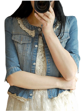春装新款修身甜美蕾丝边牛仔外套