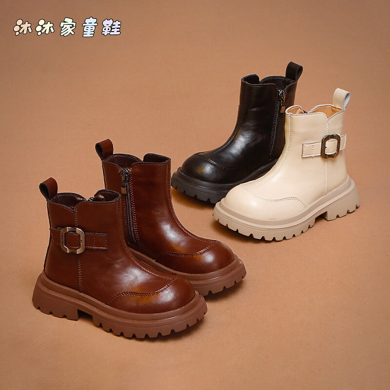 女童马丁靴儿童短筒靴2025新款冬季二棉加绒小女孩皮带扣软底皮靴