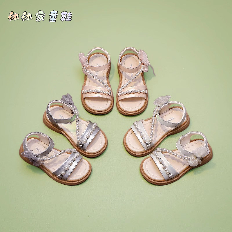 儿童鞋子女童凉鞋2026新款夏季女孩露趾公主鞋珍珠平底蝴蝶结单鞋