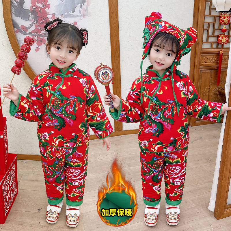 东北大花棉袄女童套装冬季加厚儿童棉服女宝宝拜年服过冬棉衣潮