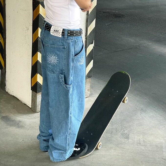蛛网刺绣工装skateBigBoy美式复古宽松老爹裤阔腿牛仔长裤蓝色男