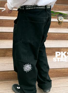 蜘蛛网刺绣BigBoy宽松老爹裤阔腿工装滑板直筒阔腿水洗牛仔裤街舞