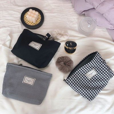 【素希布包】潮酷黑白化妆包手拿包简约都市休闲纯色格纹棉布手袋
