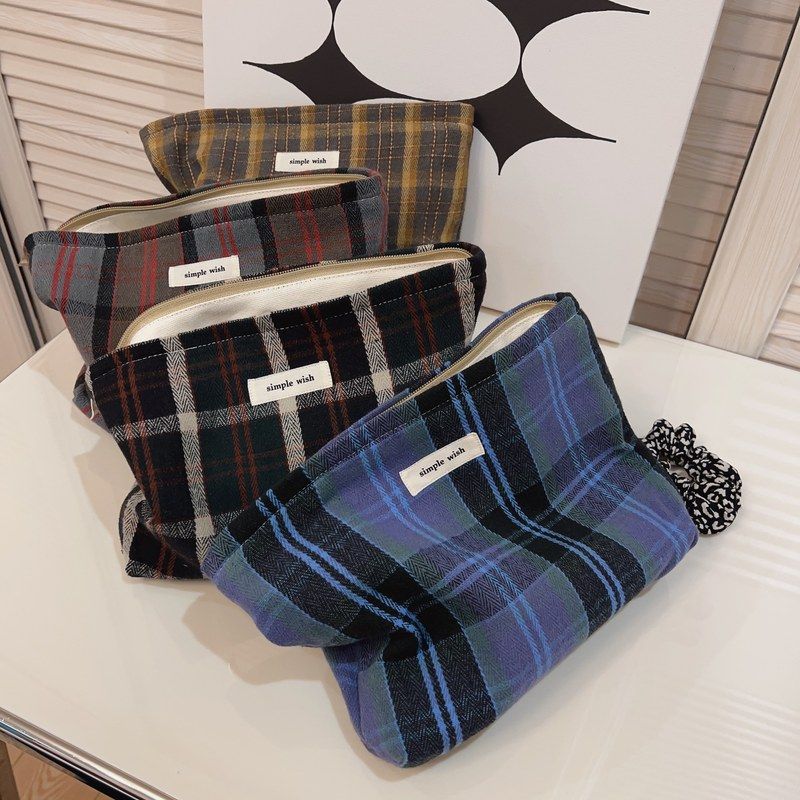 【素希布包】英伦学院风复古格子化妆包棉布小方包女手拿包收纳包