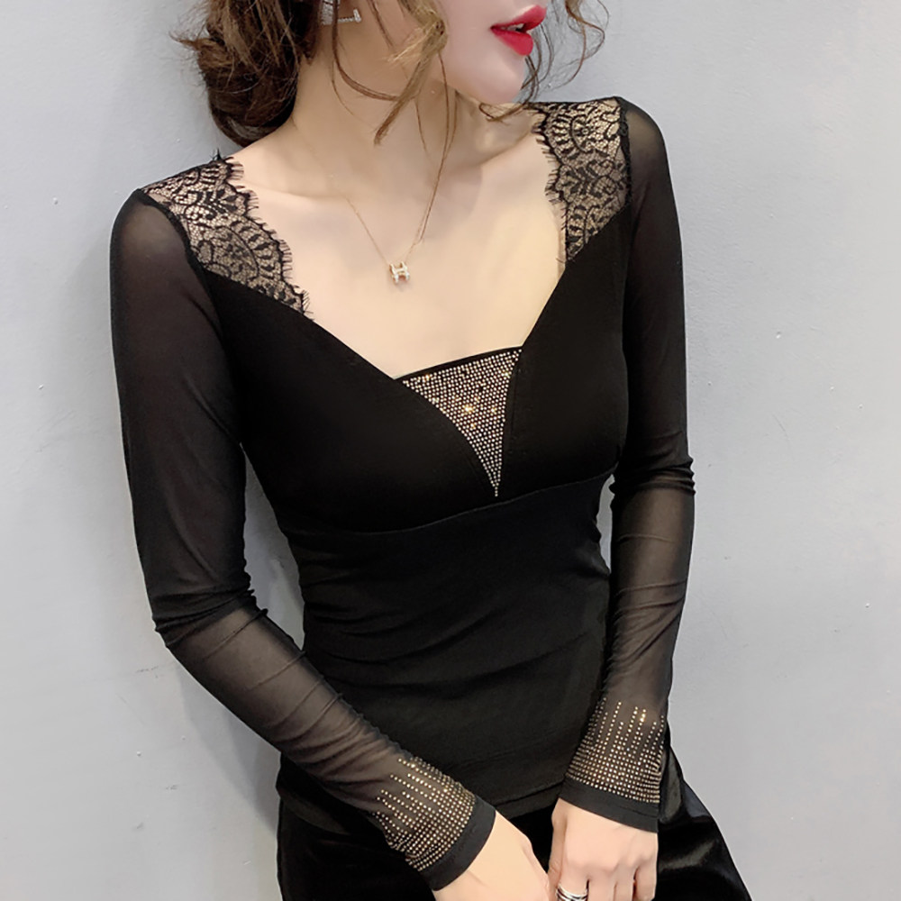 欧洲站秋冬新款性感蕾丝拼接长袖T恤女烫钻洋气小衫网纱打底上衣