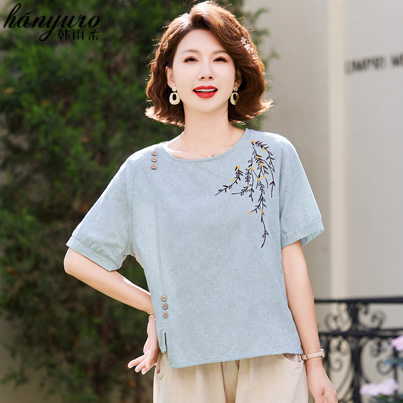 Middle-Aged Mother's Summer Cotton and Linen Suit for Women 2026 New Short-Sleeved T-Shirt for Middle-Aged and Elderly People Summer Tops