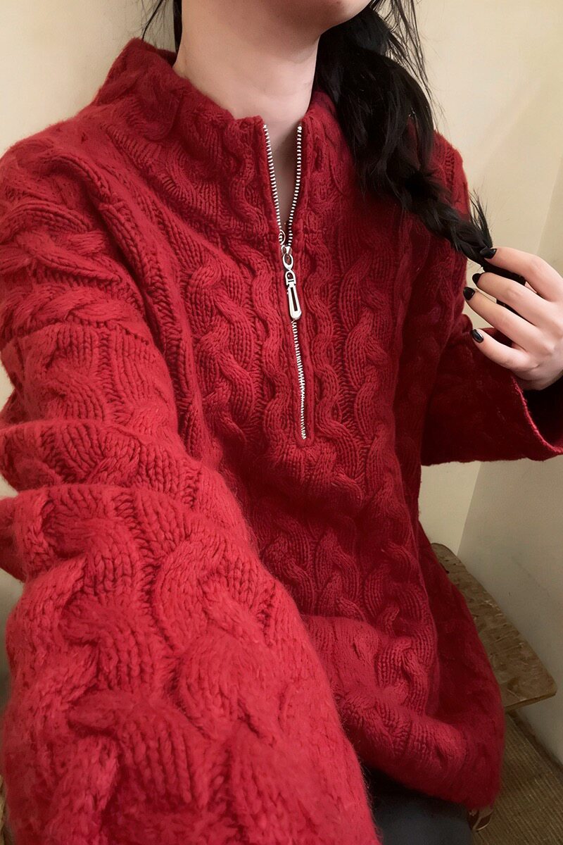 宽松加厚中长款100%纯羊毛衫麻花女毛衣半拉链立领秋冬新针织红色