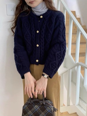 秋冬新款羊毛女圆领麻花针织开衫宽松显瘦纯色百搭毛衣外套