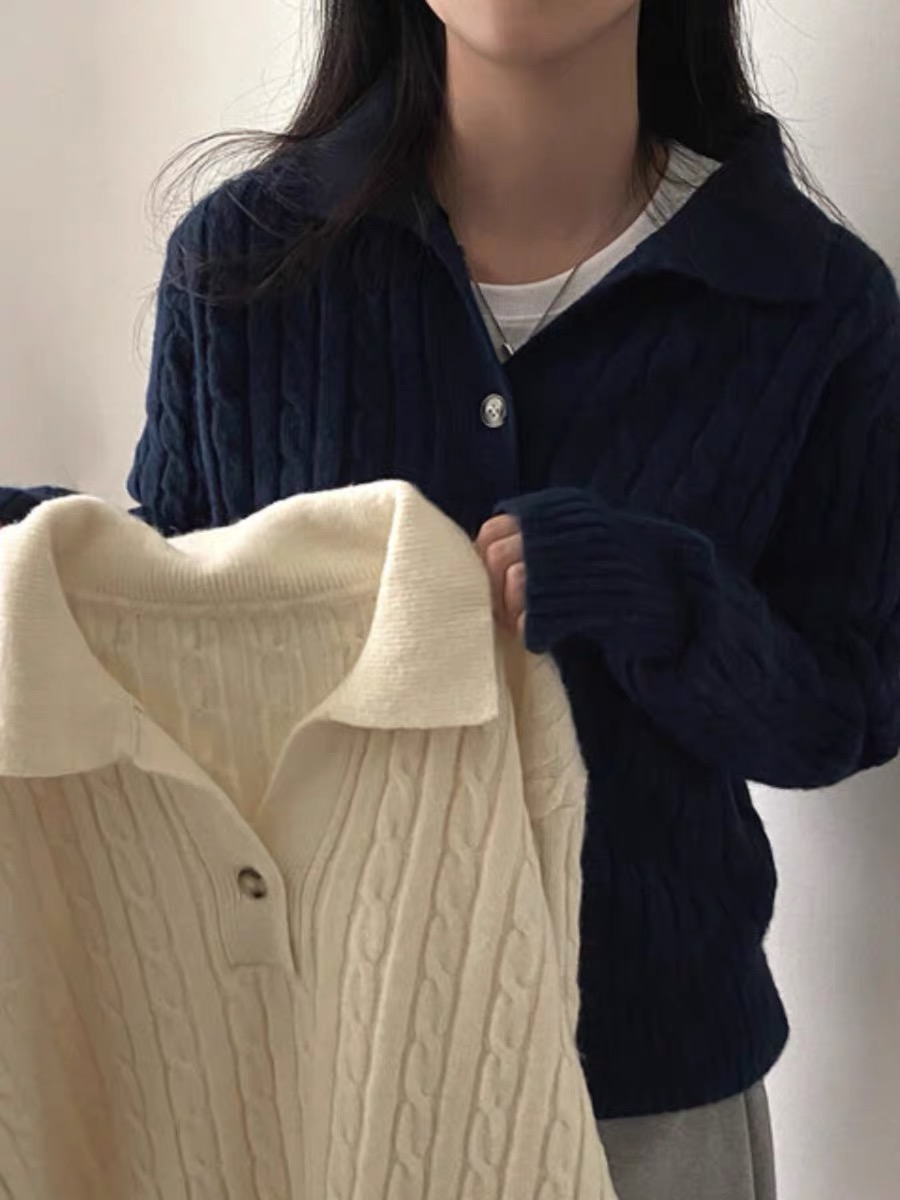 韩系翻领羊毛衫女秋冬新款宽松慵懒风百搭羊毛针织打底衫毛衣