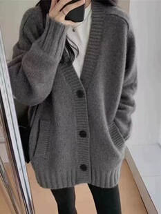 女宽松毛衣中长款 羊绒外套 秋冬100%纯羊毛V领针织开衫 2025新款