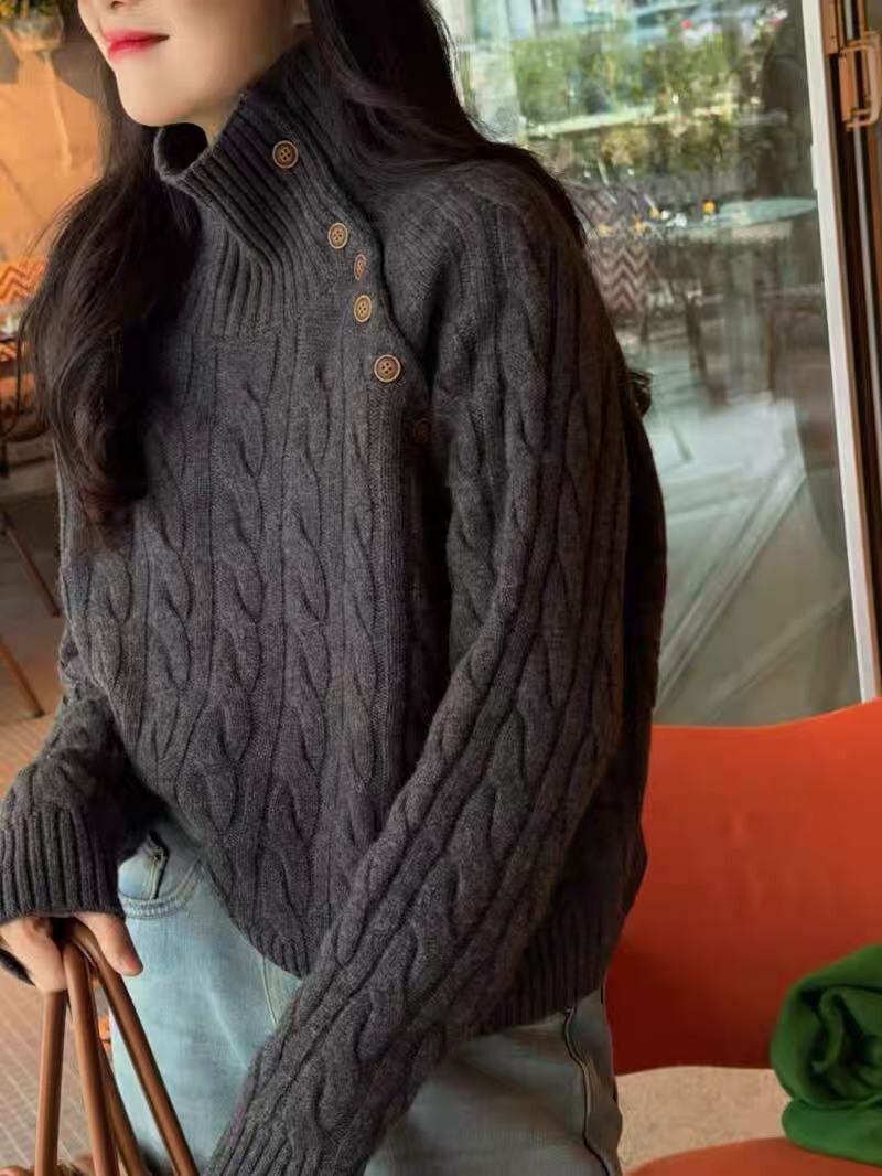 新款高领斜扣羊毛衫女宽松外穿慵懒套头加厚针织针织衫打底上衣