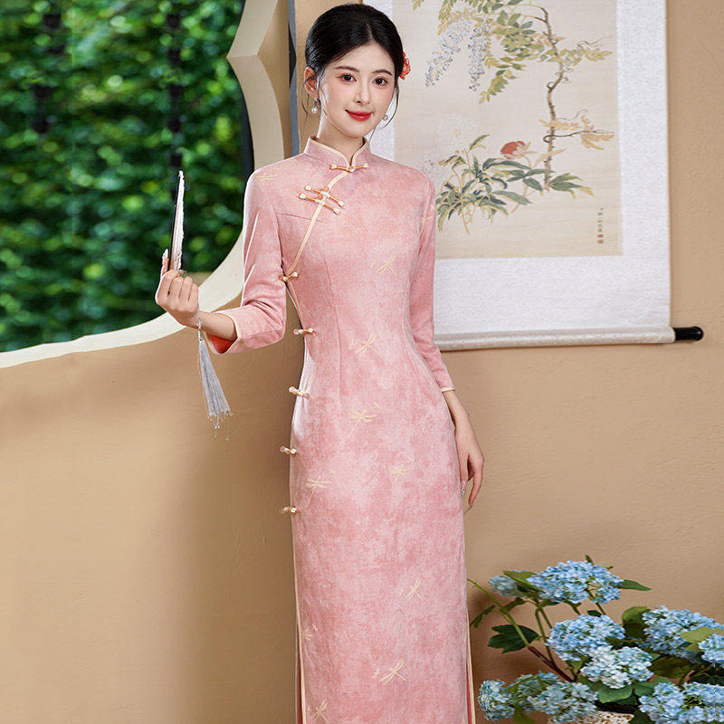 时尚华韵粉色国风新中式长款长袖旗袍改良年轻款女高级感复古修身