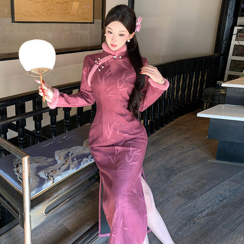 粉红色加绒冬装国风新中式长袖改良旗袍冬季厚款年轻款女高级感