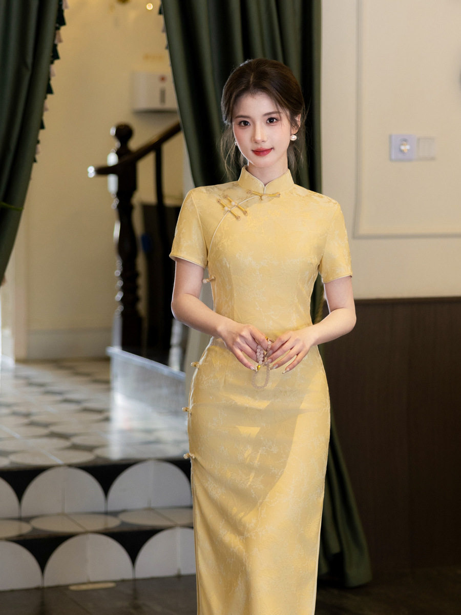 2026夏季仿竹节麻长款侧八扣旗袍