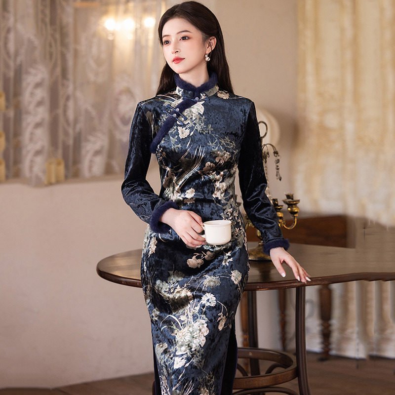时尚华韵新中式国风改良旗袍黑色丝绒碎花连衣裙女装夏季高级性感
