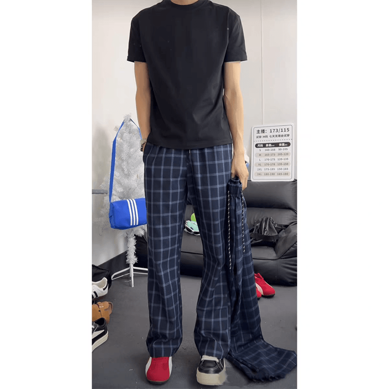 新款美式格子休闲长裤藏蓝潮牌直筒篮球裤学生青少年透气新款卫裤
