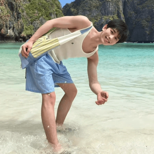 百搭情侣五分裤 男女沙滩度假宽松休闲抽绳阔腿裤 蓝色条纹短裤 夏季