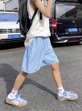 夏季美式蓝色条纹短裤男女抽绳沙滩宽松阔腿休闲百搭度假风五分裤