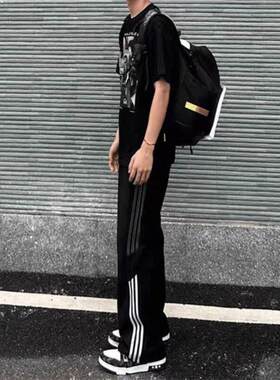 传奇商行legend休闲裤美式春秋款三条杠条纹拼接卫裤宽松运动裤子
