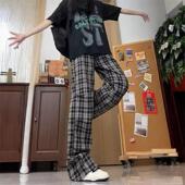 学生撞色褶皱长裤 潮牌复古格子休闲裤 微喇直筒裤 复古卫裤 春秋新款