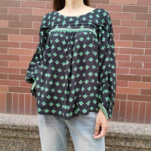 法 真丝衬衫 几何菱形花纹 阔型 绿色入 娃娃款 BEL@I