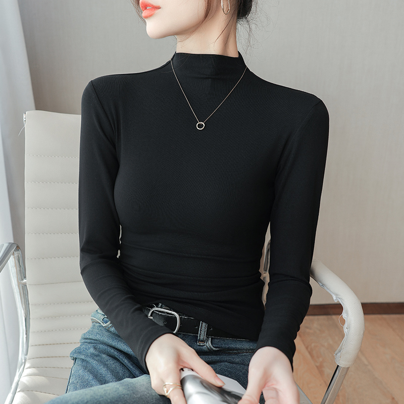 螺纹半高领打底衫女士2025秋冬新款内搭高领长袖T恤修身洋气上衣