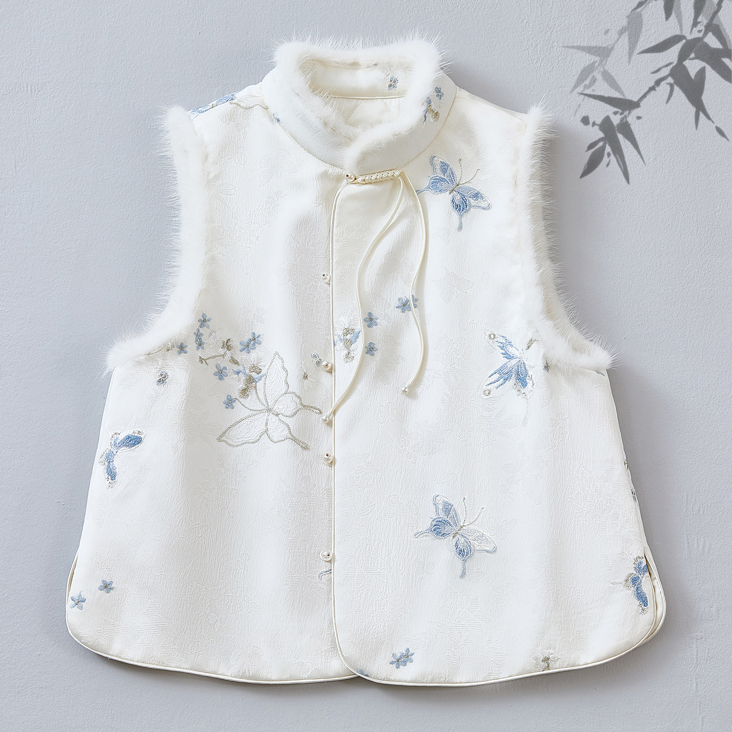 会吾良人新中式立领水貂毛绣花棉服上衣马甲汉服背心茶服马夹外套