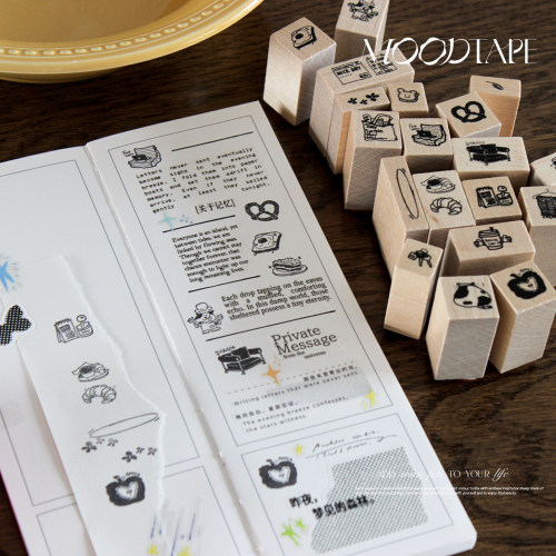 moodtape面包蛋糕咖啡文字mini小木质印章印章橡皮章mood可爱手帐