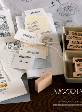 moodtape花朵瓶罐杯盘基础mini小木质印章印章橡皮章mood可爱手帐