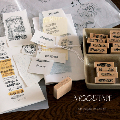 moodtape花朵瓶罐杯盘基础mini小木质印章印章橡皮章mood可爱手帐