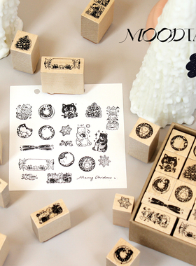 moodtape原创手帐欢乐暖冬方盒木质印章橡皮章花朵套装mood文具