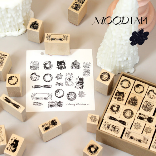 moodtape原创手帐欢乐暖冬方盒木质印章橡皮章花朵套装mood文具