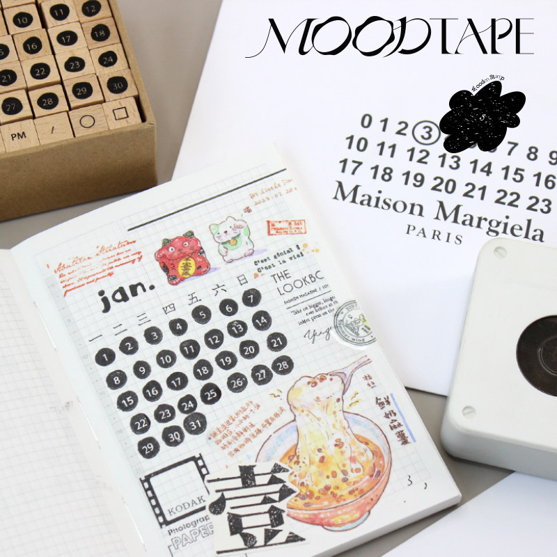 moodtape.原创手帐木质印章橡皮章方盒套装数字日期日历mood文具