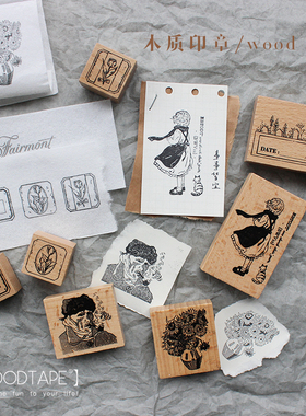 moodtape.梵高郁金香女孩猫橡胶皮木质印章手帐素材diymood印章