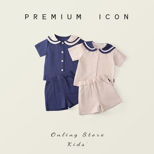 中小童纯棉翻领短裤 儿童韩版 新款 2025夏季 两件套 海军风套装