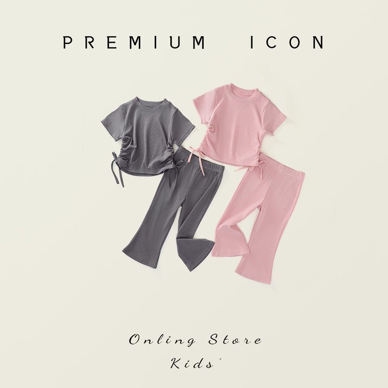 女童短袖套装2025夏季新款中小童休闲风纯色弹力T恤喇叭裤两件套