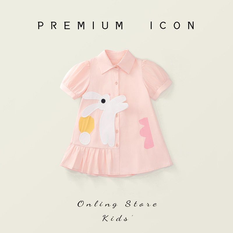 杰拉童装女童粉色小兔甜美风连衣裙2025夏新款儿童韩版短袖衬衫裙