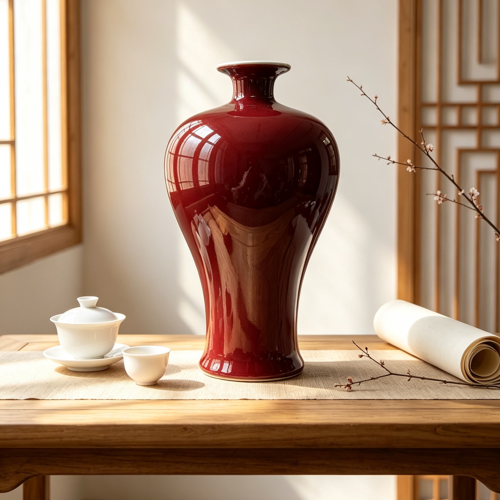 景德镇高端陶瓷高温颜色釉郎窑红梅瓶，高47厘米，肚经24厘米