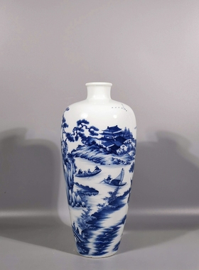 清雍正，青花山水人物梅瓶，高度31.5肚径14