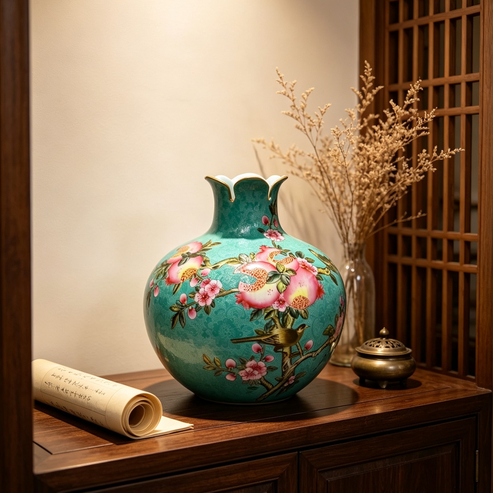 景德镇高端陶瓷全手工扒花松石绿地粉彩花鸟石榴尊花瓶摆件收藏瓷